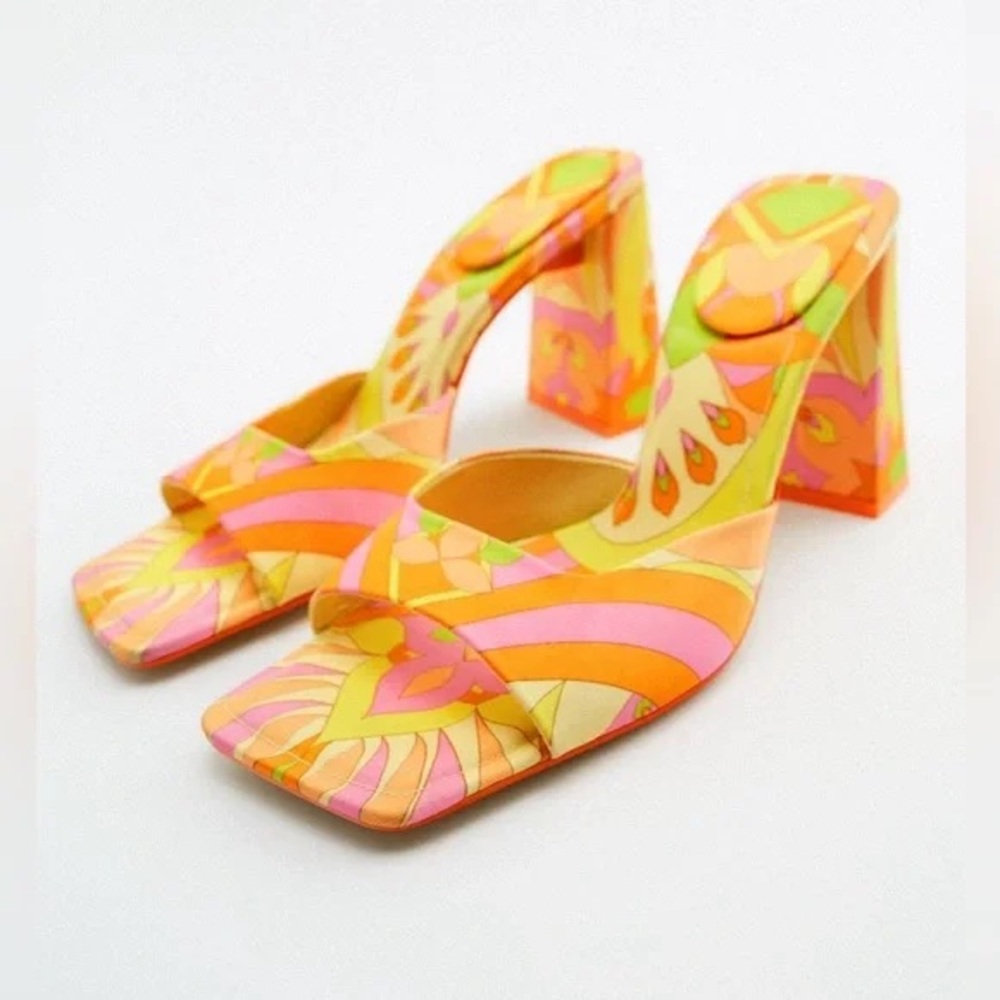Zara Multicolor Printed Heeled Sandal, SIZE 36